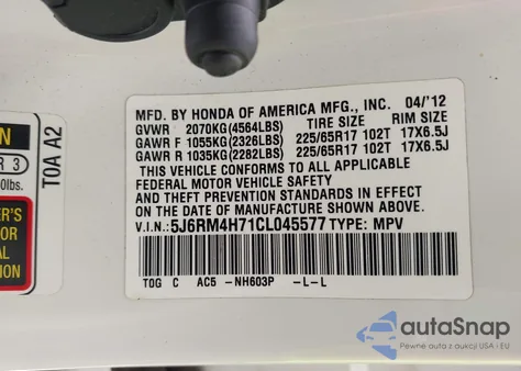 2012 Honda Cr-V Ex-L z USA, uszkodzony, nr VIN 5J6RM4H71CL045577